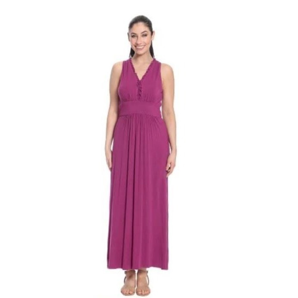 London Times Women's Sleeveless Ruffled V-Neck Pleated Maxi Dress Magenta Medium
